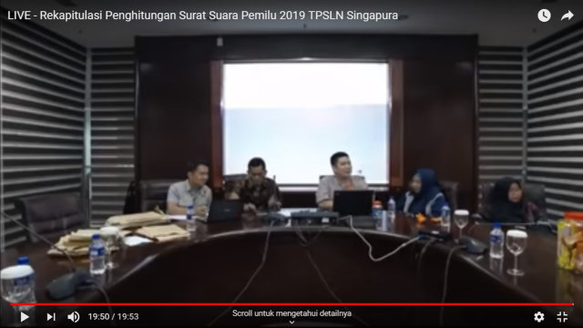 Tampilan live streaming rekapitulasi suara TPSLN SIngapura, Kamis (18/4) malam