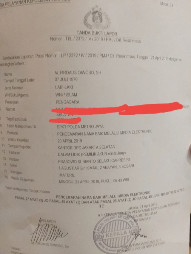 Surat tanda bukti lapor dengan akun Instagram Erin Taulany (NOT COVER)