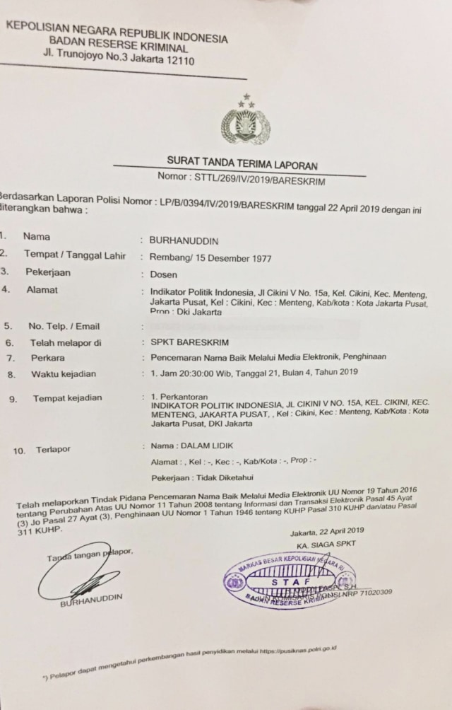 Surat tanda terima Bareskrim Polri atas laporan Burhanuddin Muhtadi (NOT COVER)