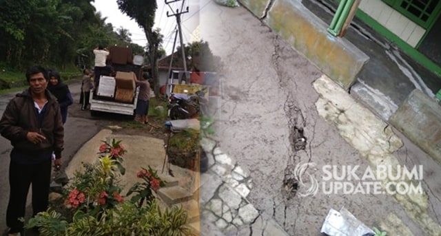 Warga mulai memindahkan barang-barang mereka untuk mengungsi usai makin meluasnya bencana tanah retak di Desa Kertaangsana Nyalindung, Sukabumi. | Sumber Foto: Istimewa.