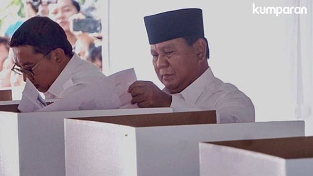 Calon Presiden Prabowo Subianto dan Fadly Zon saat menyalurkan hak suaranya pada Pemilu 17 April 2019 lalu