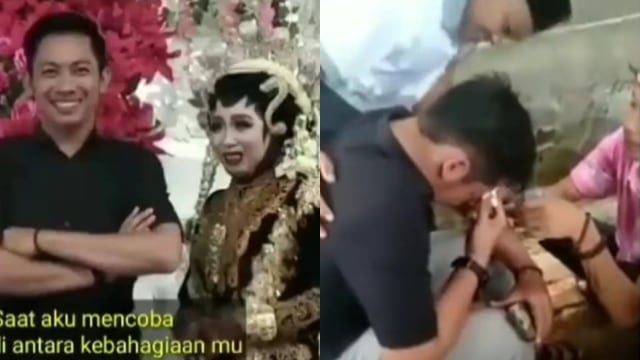 Seorang pria tidak kuasa menahan tangis setelah berfoto di atas pelaminan pesta pernikahan mantan. (foto: Instagram/@makassar_iinfo)