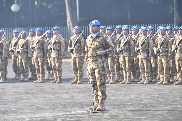 Satgas Force Proctection Company TNI Kontingen Garuda United Nations Missin in Darfur (UNAMID) tiba ditanah air  diterima dengan suatu upacara di Mabes TNI Cilangkap Jakarta Timur, Kamis (25/April/2019). (Foto: Puspen).