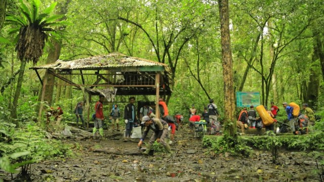 Aksi bersih pendaki memungut sampah dari Gunung Kerinci. Foto: Ist