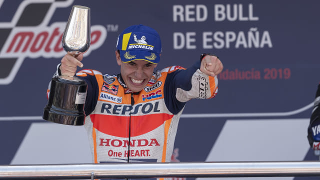 Marc Marquez di podium Sirkuit Jerez usai memenangi GP Spanyol 2019. Foto: Dok. Box Repsol