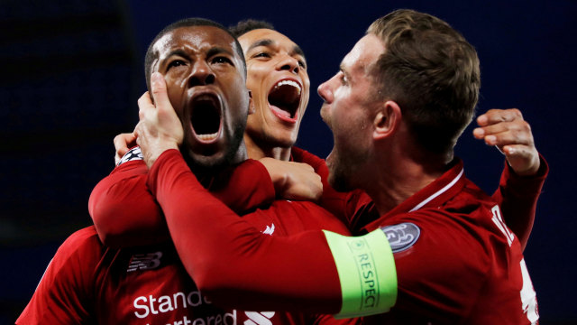Ekspresi kemenangan pemain Liverpool saat melawan Barcelona. Foto: REUTERS/Phil Noble
