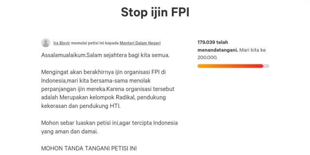 Petisi yang minta agar ijin FPI tak diperpanjang. Foto: adn.