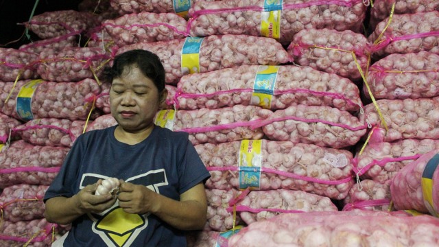 Buruh pasar mengupas kulit bawang putih yang dijual di Pasar Induk Kramat Jati. Foto: Antara/Devi Nindy