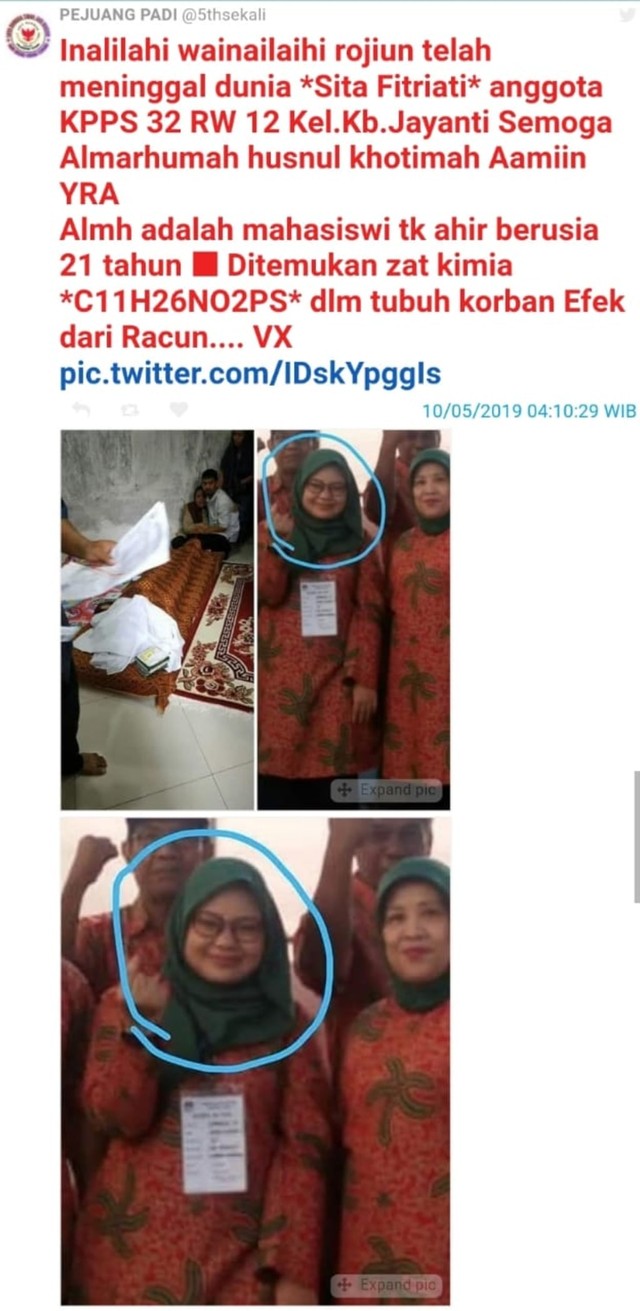 Tangkapan layar hoaks petugas KPPS di Bandung meninggal karena diracun. Foto: Dok. Istimewa