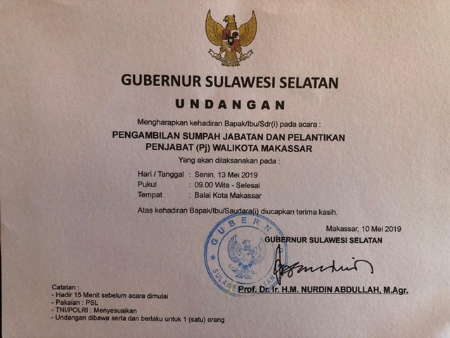 Undangan pelantikan Pj Wali Kota Makassar (Ist).