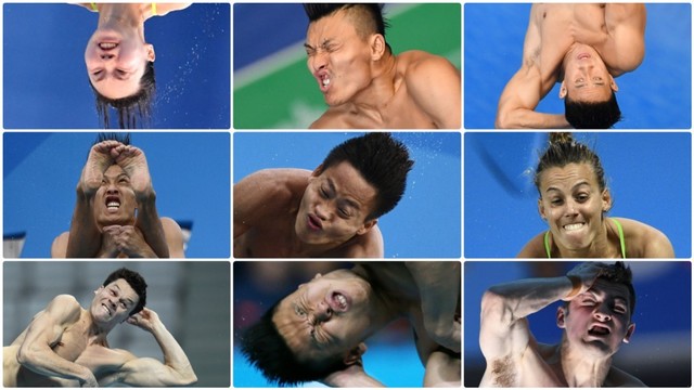 Ekspresi wajah para atlet loncat indah dari penjuru dunia. Foto: AFP
