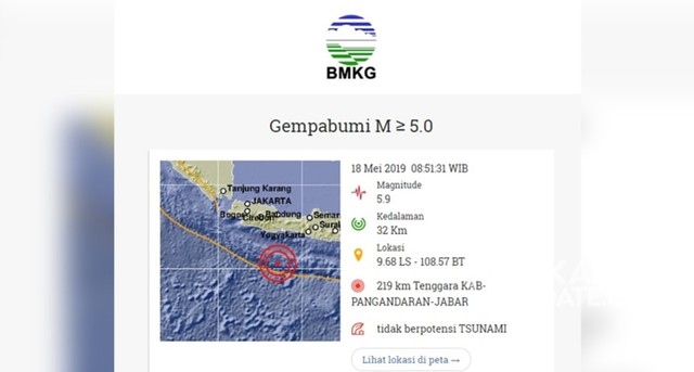 Gempa bumi bermagnitudo 5.9 mengguncang Kabupaten Pangandaran, Jawa Barat, Sabtu (18/5/2019) sekitar pukul 08.51 WIB. Gempa tidak berpotensi tsunami. | Sumber Foto:Istimewa