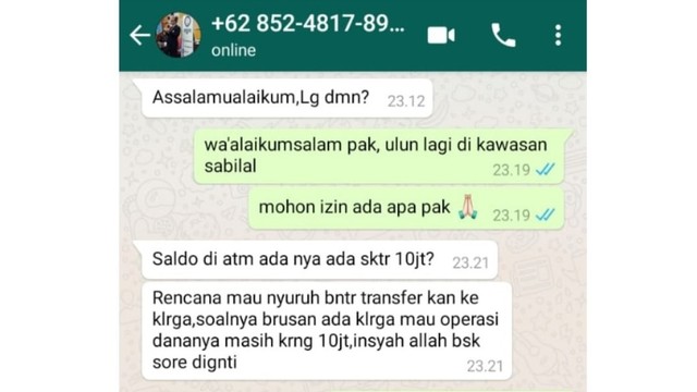 Akun WhatsApp palsu yang mencatut nama Kepala Dinas Kesehatan Banjarmasin, Machli Riyadi. Foto: banjarhits.id