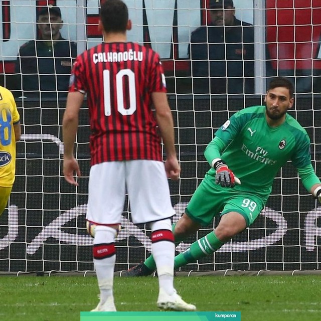 Aksi Gianluigi Donnarumma saat melakukan menepis tendangan penalti pemain Forsinone. Foto: Twitter: AC Milan