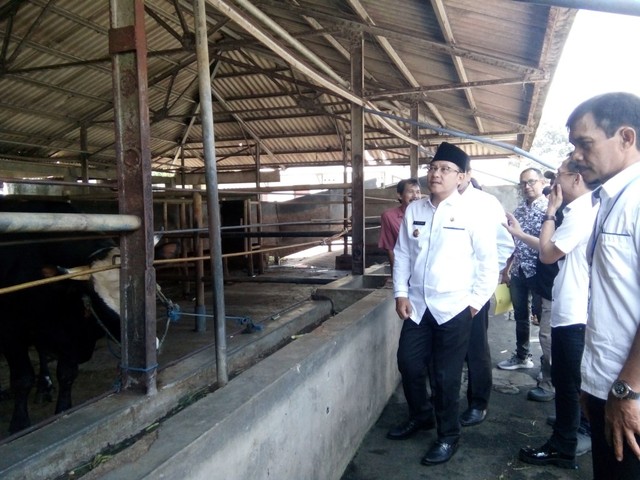 Wali Kota Malang Sutiaji (berkopyah) saat meninjau Rumah Potong Hewan, rabu (22/5). (foto humas pemkot malang).