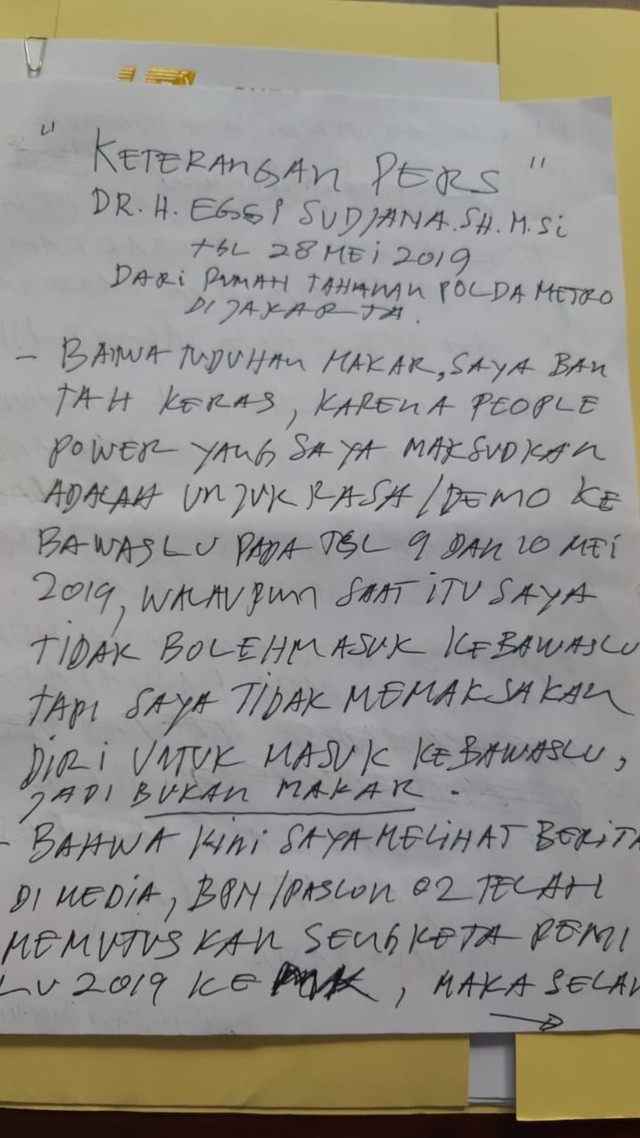 Eggi Sudjana Tulis Surat dari Rutan Minta Keadilan atas 