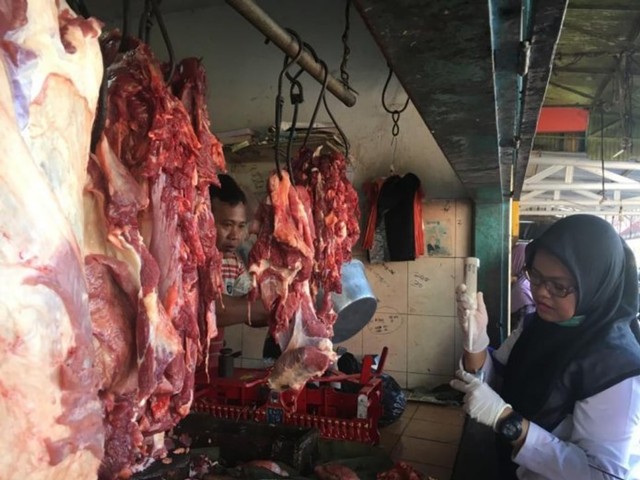Pemantauan daging di Pasar Lumajang. (Foto : F. Fahmi.)