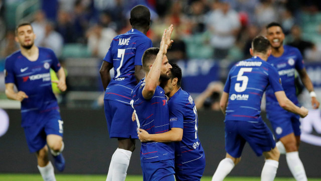 Giroud bawa Chelsea unggul 1-0 atas Arsenal di final Liga Europa 2018/19. Foto: REUTERS/Phil Noble