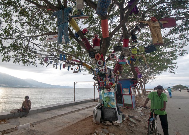 Aneka barang peninggalan korban tsunami digantung di pohon tepi Pantai Talise, Teluk Palu, Sulawesi Tengah. Foto: ANTARA FOTO/Basri Marzuki