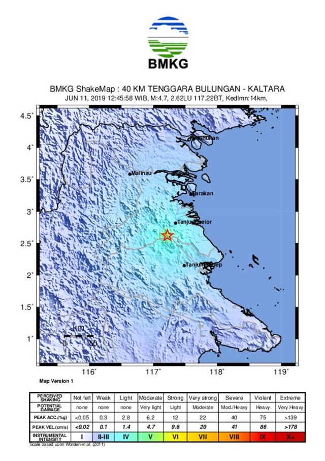 BMKG ShakeMap: 40 Km Tenggara Bulungan - Kaltara Foto: BMKG