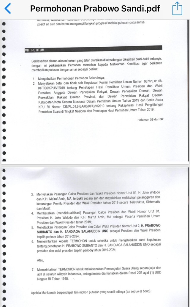 Petitum permohonan Prabowo-Sandi