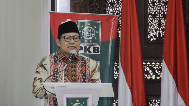 Ketua Umum PKB, Muhaimin Iskandar saat memberikan sambutan dalam acara Halal Bi Halal. Foto: Jamal Ramadhan/kumparan