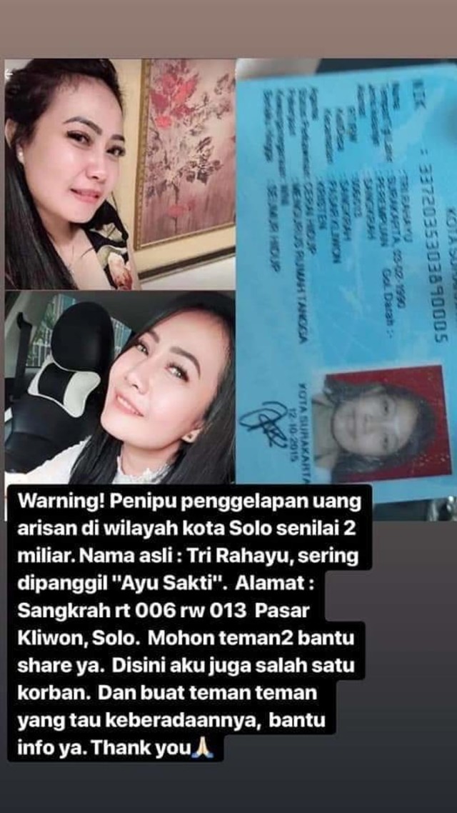 Foto wajah dan KTP dari terduga pelaku penipuan arisan di grup WhatsApp (WA) yang sempat diunggah ke media sosial beberapa waktu lalu. (Agung Santoso)