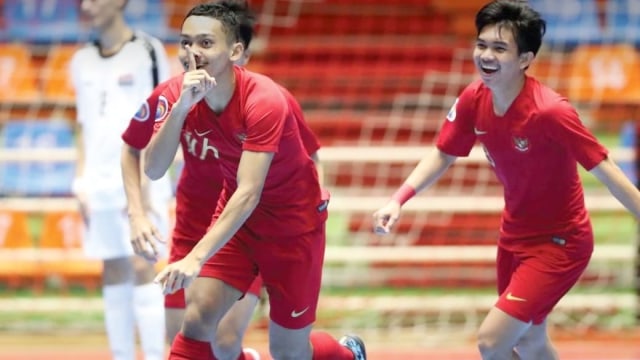 Selebasi pemain timnas futsal u-20 Indonesia usai mencetak gol pada gelaran AFC U-20 Futsal Championship di Iran. Foto: Instagram @theafchub