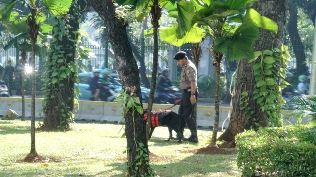 Polisi membawa anjing pelacak berjaga di kawasan Jalan Medan Merdeka Barat, Gedung Mahkamah Konstitusi, Jakarta, saat sidang sengketa Pilpres 2019, Rabu (19/6). Foto: Helmi Afandi Abdullah/kumparan