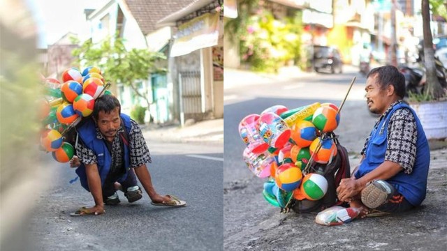 Pak Setu, penjual balon merangkak asal Karangnyar (Foto: Instagram @thoryc.id)