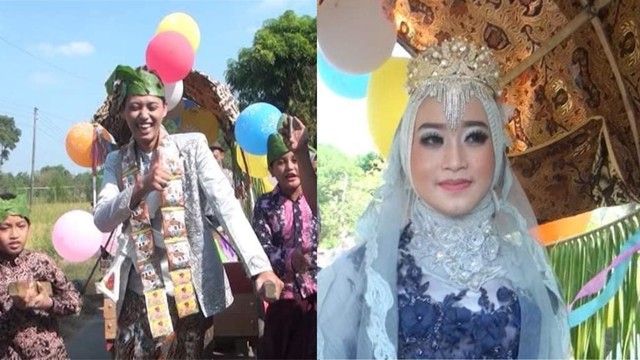 Pernikahan unik di Blora, Jawa Tengah, dimana mempelai pria sebagai gerobak yang dinaiki mempelai perempuan. (Foto: Facebook/Yuni Rusmini)