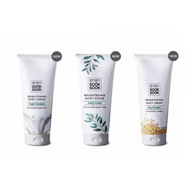 Produk Sook Sook mulai dari brightening cream (day protect), brightening cream (night restore) dan brightening body scrub (sumber: http://www.sook-sook.com)