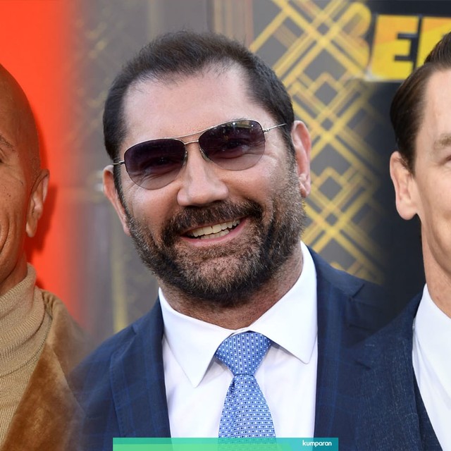 Dwayne Johnson, Dave Bautista, dan John Cena. Foto: AFP