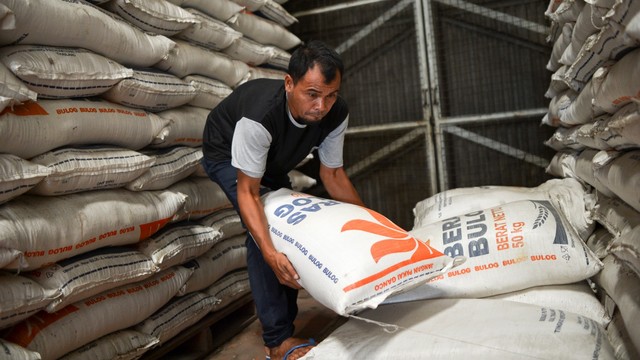 Pekerja mengangkut karung beras Bulog di Gudang Bulog Kelapa Gading, Jakarta. Foto: ANTARA FOTO/Nova Wahyudi