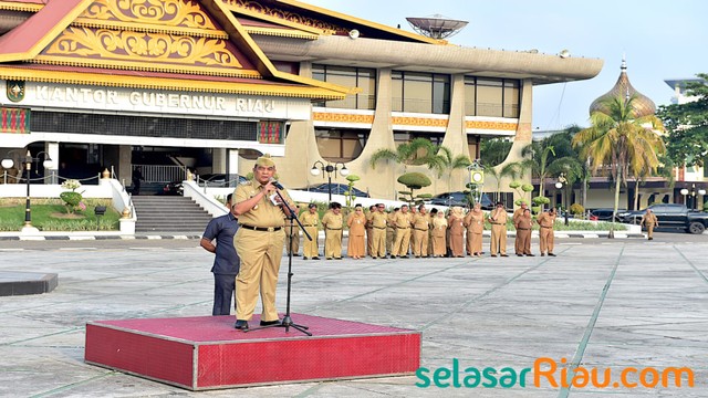 WAKIL Gubernur Riau, Edy Afrizal Natar Nasution saat menjadi inspektur upacara para Aparatur Sipil Negara (ASN) di Pemprov Riau. 