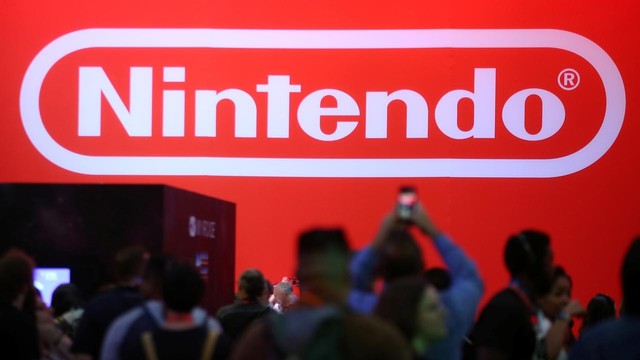 Logo Nintendo di panggung E3 2017. Foto: Mike Blake/Reuters