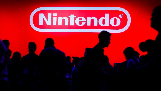 Logo Nintendo di panggung E3 2019. Foto: Mike Blake/Reuters