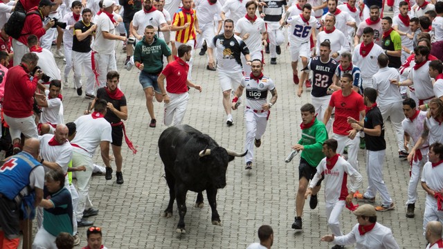 banteng bertarung Puerto de San Lorenzo saat festival San Fermin di Pamplona, Spanyol utara