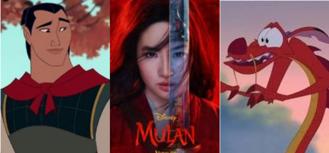 Li Shang, Mulan, dan Mushu. (Foto: Disney Wiki - Fandom, IMDb, dan Facebook)