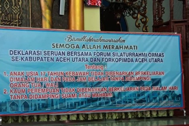 Deklarasi seruan bersama di Kabupaten Aceh Utara yang mengatur tentang anak usia 17 tahun ke bawah dan perempuan tidak dibenarkan berkeliaran pada malam hari tanpa didampingi mahram. Foto: IG Kemenag Aceh Utara