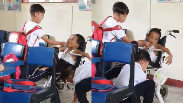 Dua orang bocah SD viral karena bantu teman sekolahnya yang Foto: Facebook/Tin-tin Lopez