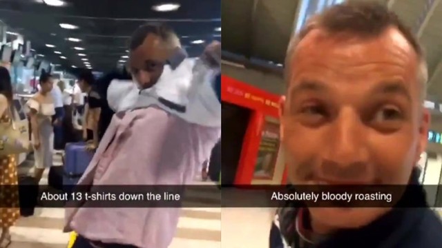 Pria ini viral setelah kenakan 15 lapis pakaian demi menghindari biaya bagasi tambahan di bandara. Foto: Twitter/@joshirvine7