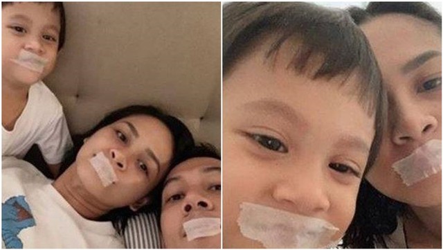 Andien dan keluarga tidur dengan mulut diplester. Foto: Instagram @andienaisyah