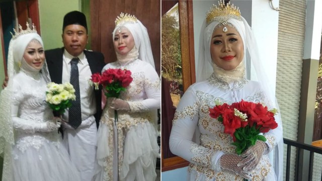 Seorang istri kenakan gaun pengantin saat dampingi suaminya yang menikah lagi. (Foto: Facebook/Samira)
