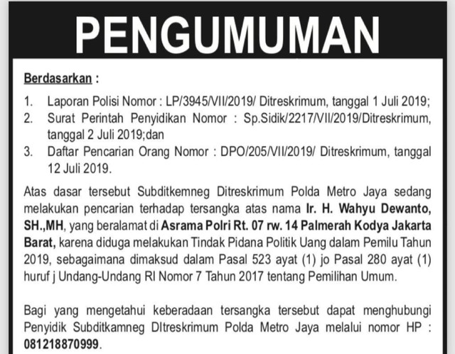 Polisi terbitkan surat DPO untuk Caleg DPRD DKI dari Gerindra, Wahyu Dewanto, terkait dugaan politik uang
