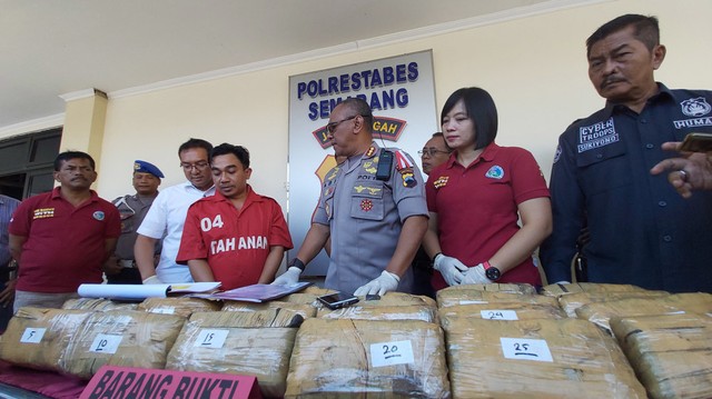 Konferensi pers paket ganja 30 KG dan pengedar yang ditangkap di Surabaya.