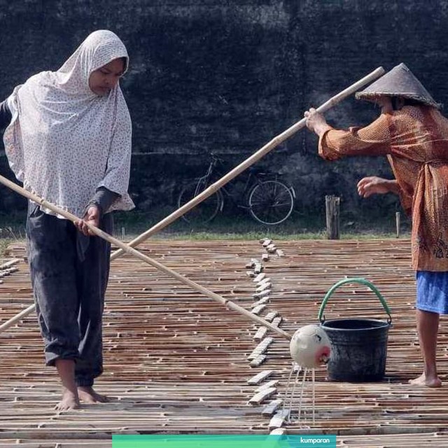 Petani menuangkan air ke bilahan bambu di Desa Jono, Kcematan Tawangharjo, Kabupaten Grobogan, Jawa Tengah. Foto: ANTARAFOTO/Yusuf Nugroho