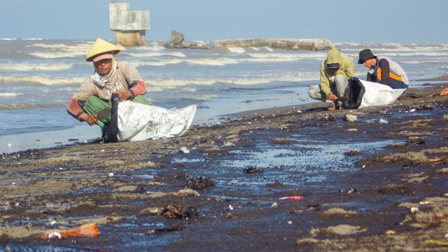 Warga mengumpulkan tumpahan minyak (Oil Spill) yang tercecer di Pesisir Pantai Cemarajaya, Karawang, Jawa Barat. Foto: ANTARA FOTO/M Ibnu Chazar