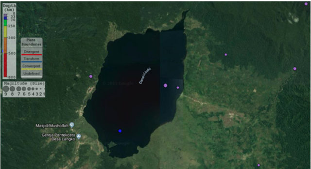 Gambar titik pusat Gempa bumi yang pernah terjadi di Danau Lindu, Sulawesi Tengah. Sumber IRIS Earthquake.