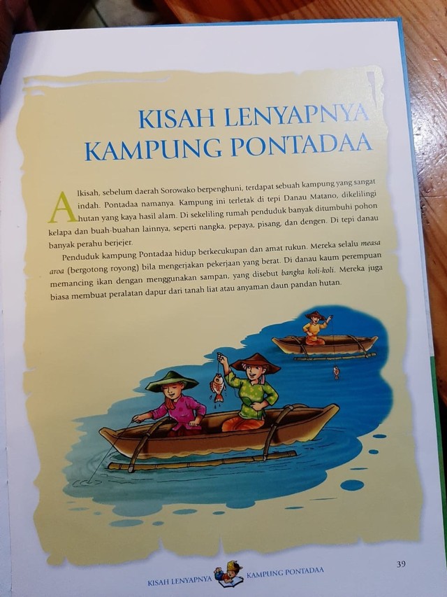 Gambar buku tentang cerita rakyat yang menceritakan sebuah peristiwa alam masa lampau di Danau Matano, Sulawesi Tengah.